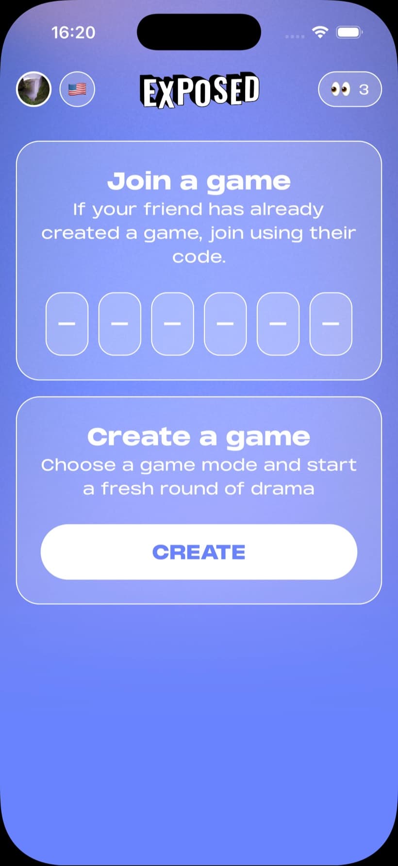 Exposed — lobby d'une partie (game pin, joueurs)